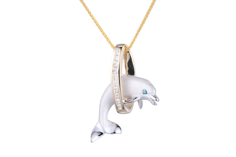14 Karat Brushed White Gold Dolphin 14 Karat Yellow hoop With Diamonds
